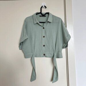 Sea Foam Green Zara Tie Waist Button Up Top
